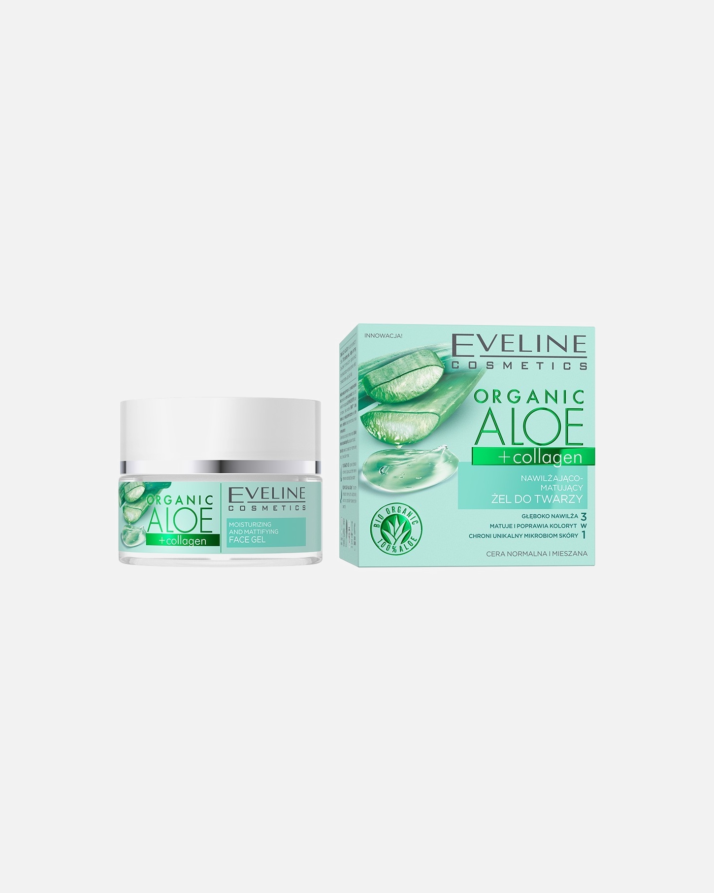 Krem do twarzy dla Unisex Eveline Cosmetics Organic Aloe + Collagen Nawilżająco-matujący żel do twarzy 50 ml