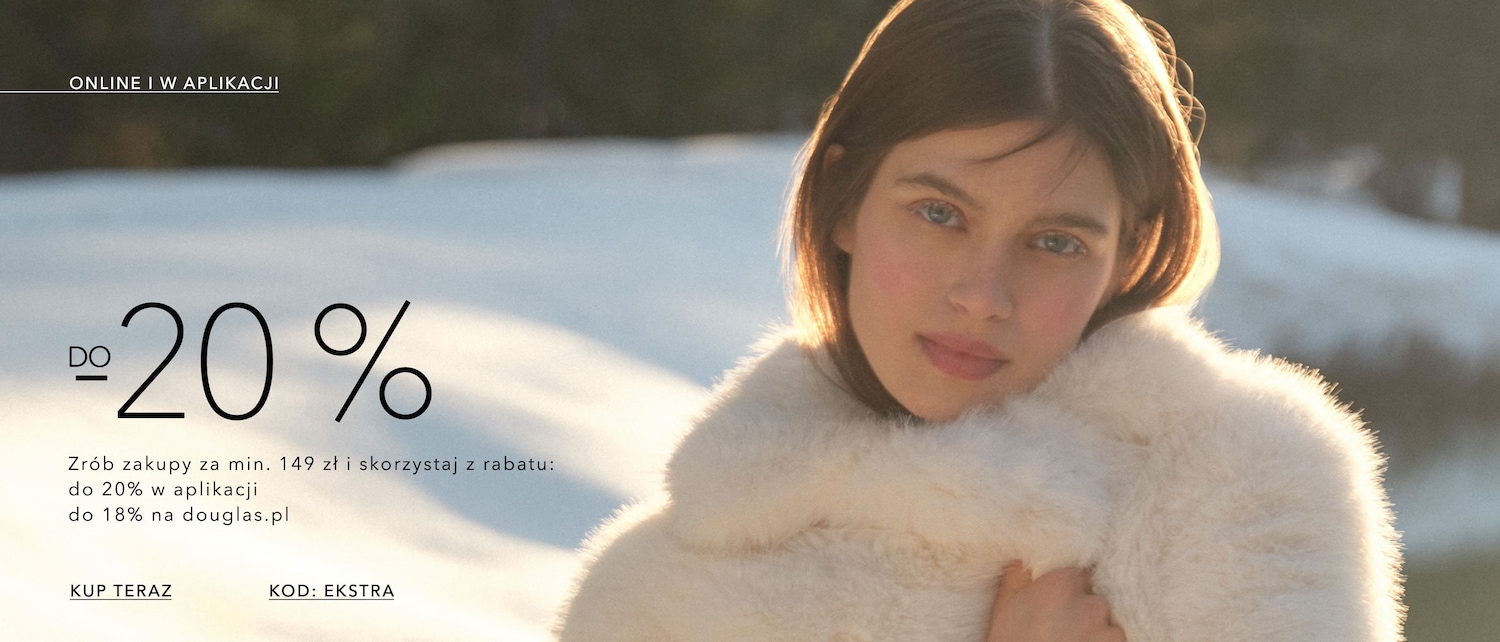 Na banerze promocyjnym kobieta w białym futrze, informacja o zniżce do 20% na zakupy online i w aplikacji przy zamówieniu za min. 149 zł, kod rabatowy: EKSTRA, kup teraz.