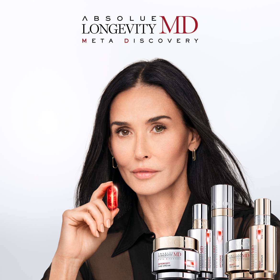 Absolue Longevity MD Meta Discovery presents a woman holding a red capsule, surrounded by Intercept The Cream, Anticipate The Cream, and Reset The Serum products.