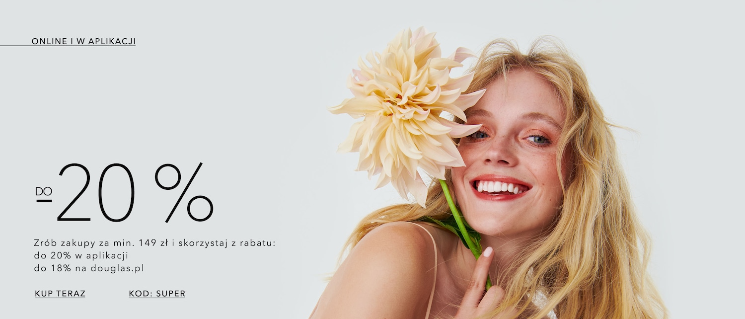 Blond kobieta uśmiecha się, trzymając kremowy kwiat na tle tekstu: Do 20% zniżki przy zakupach za min. 149 zł w aplikacji lub do 18% na douglas.pl. Użyj kodu SUPER i kup teraz!