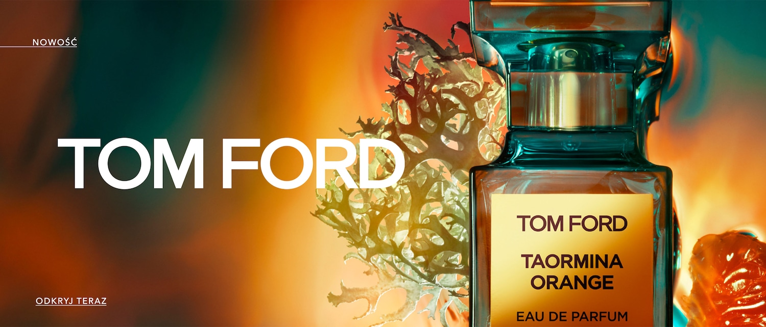 Nowość! Flakon perfum Tom Ford Taormina Orange Eau de Parfum w turkusowym szkle z pomarańczową etykietą na tle pomarańczowo-zielonym. Odkryj teraz!