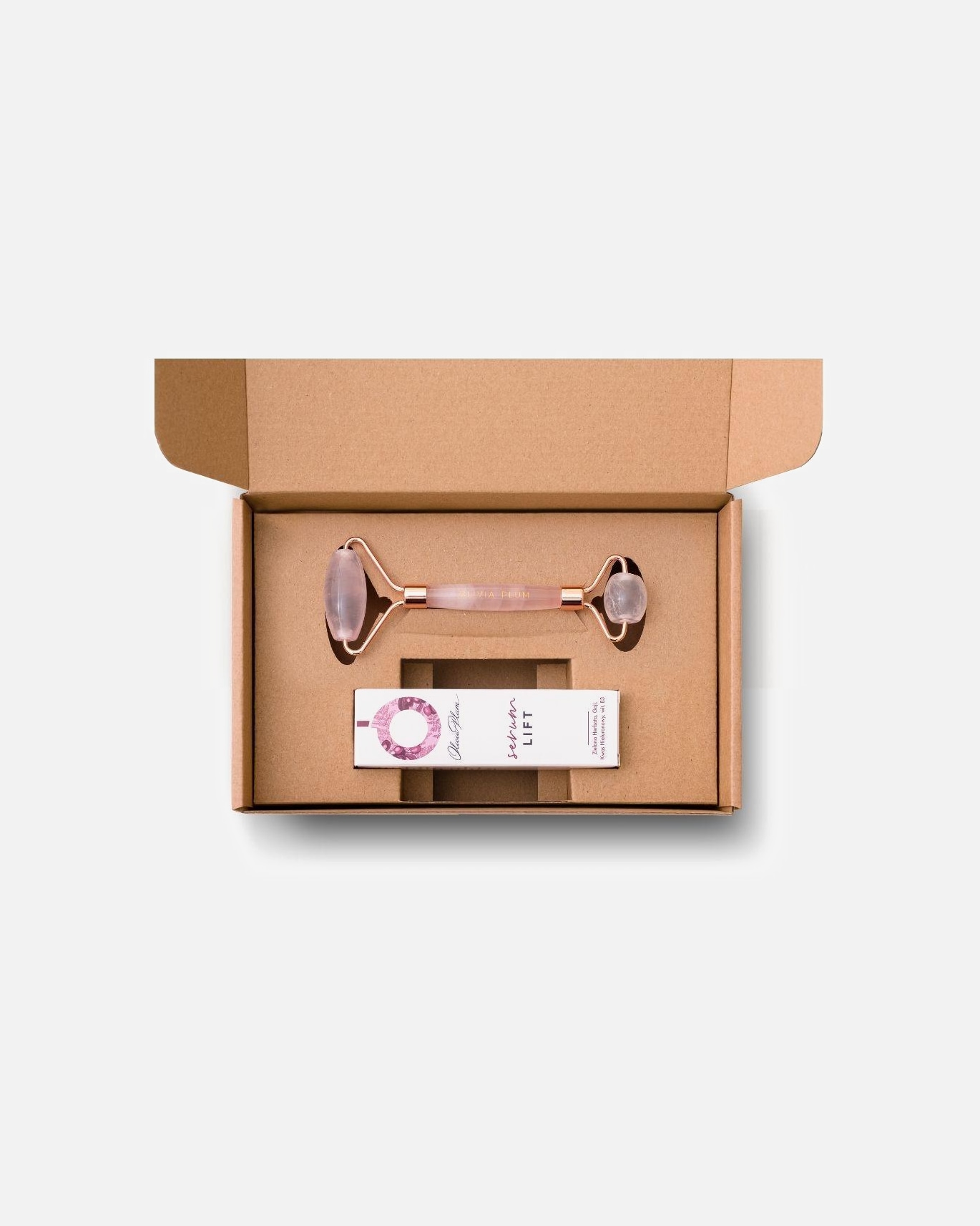 Zestaw do pielęgnacji twarzy dla Unisex Olivia Plum COCO Beauty Box - Serum Regenerująco - wygładzające Lift & Roller z Różowego Kwarcu 1 szt.