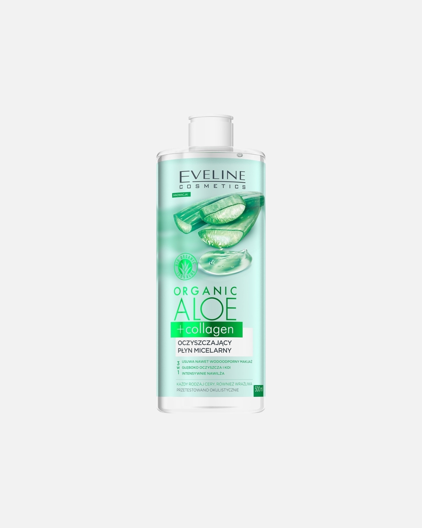 Woda micelarna dla Unisex Eveline Cosmetics Organic Aloe + Collagen Oczyszczający płyn micelarny 3 w 1 500 ml