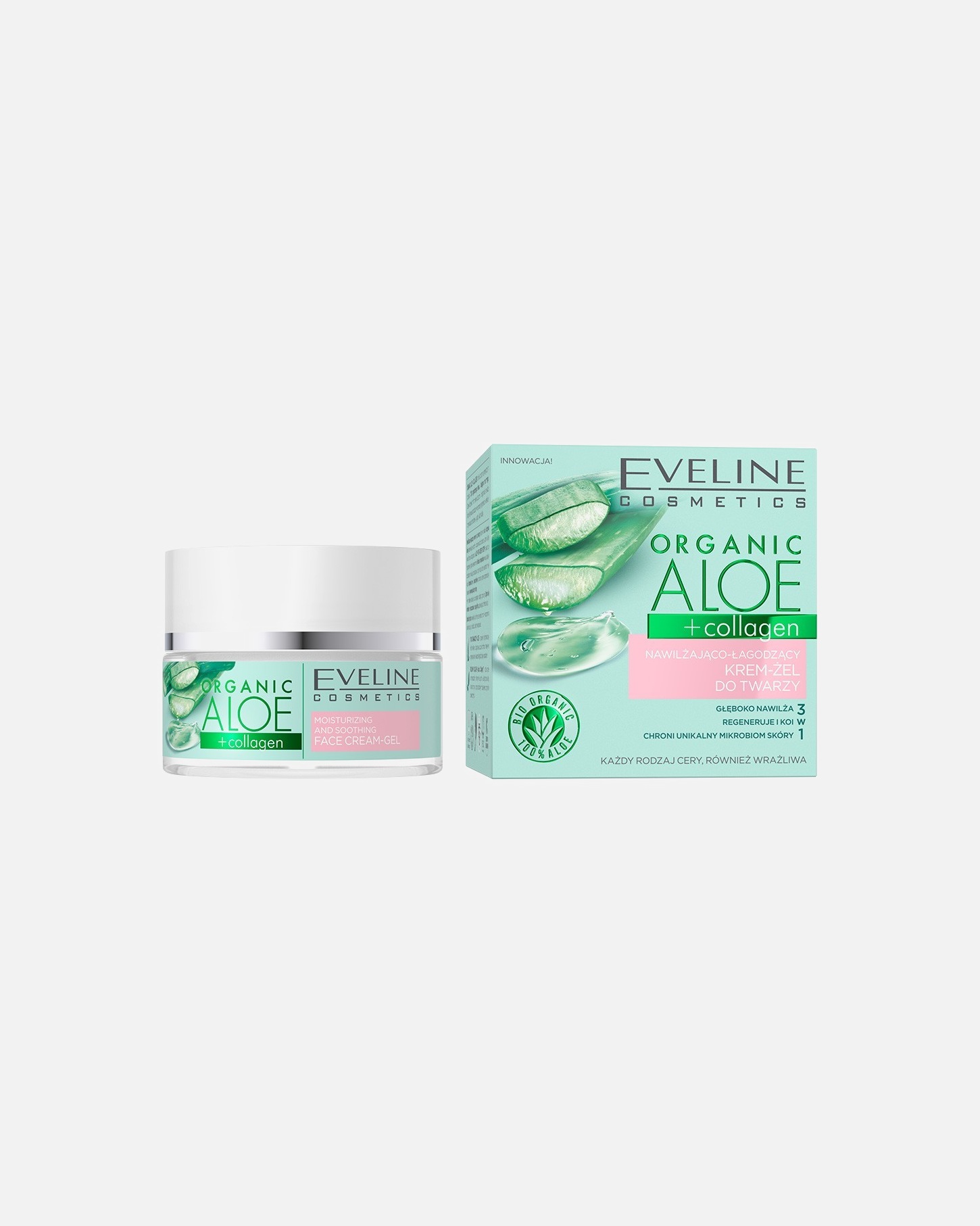 Krem do twarzy dla Unisex Eveline Cosmetics Organic Aloe + Collagen Nawilżająco-łagodzący krem-żel do twarzy 50 ml