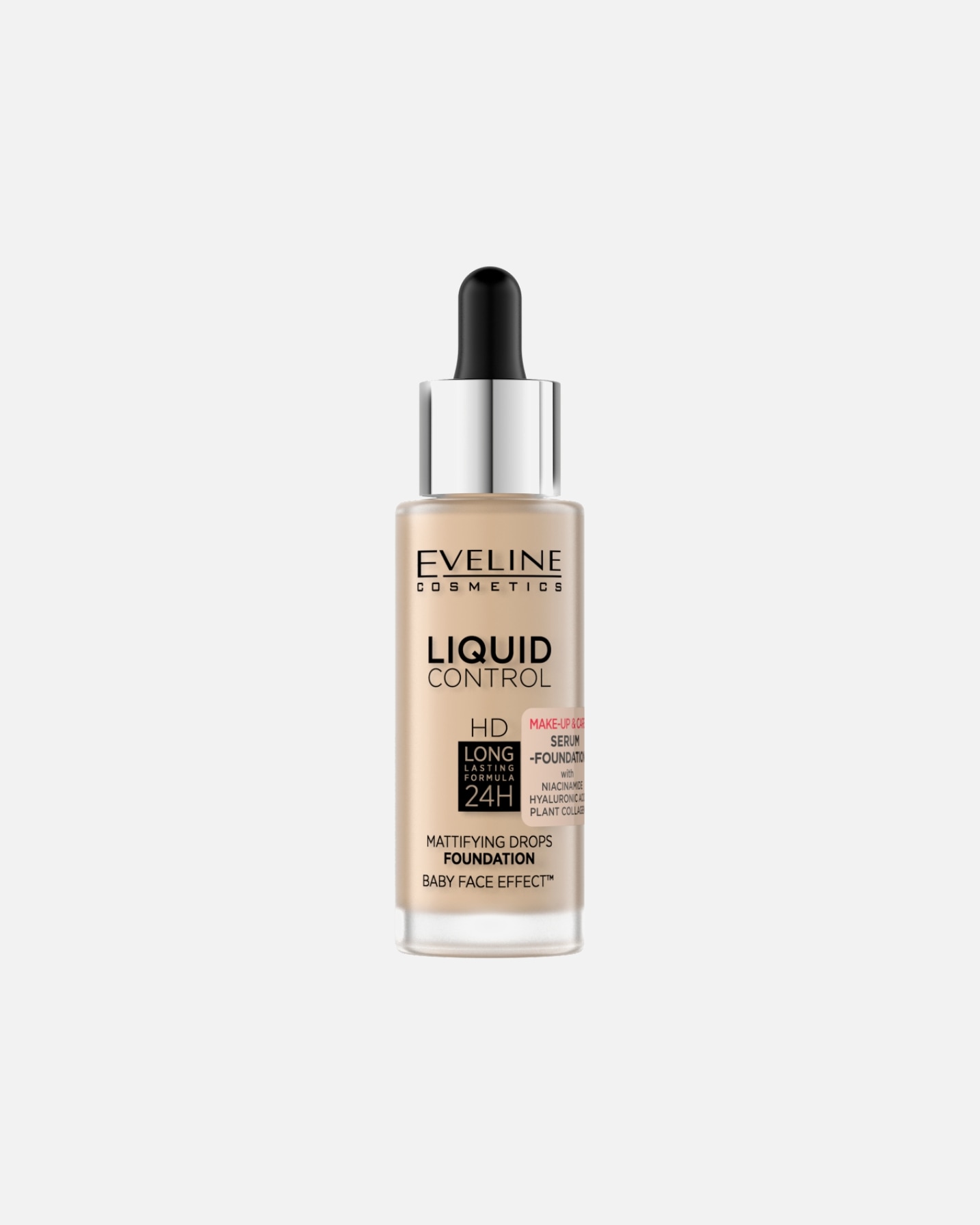 Podkład dla Unisex Eveline Cosmetics Liquid Control HD Matujący podkład do twarzy z niacynamidem, 060 Sunny Beige 015 Light Vanilla