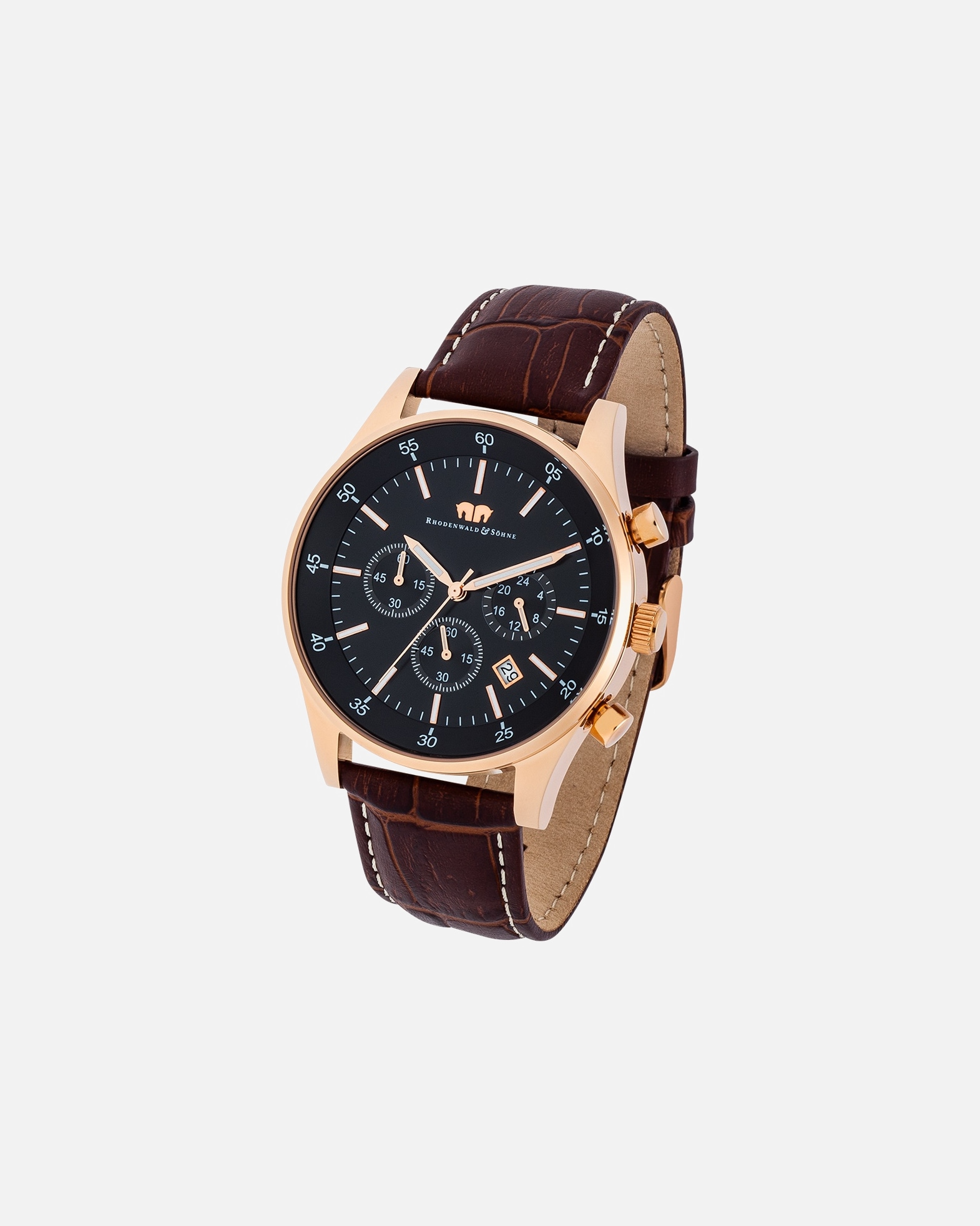 Zegar dla Mężczyzna Rhodenwald & Söhne Chronograf Goodwill Różowy złoty Skóra naturalna Ciemnobrazowy 45,0 mm