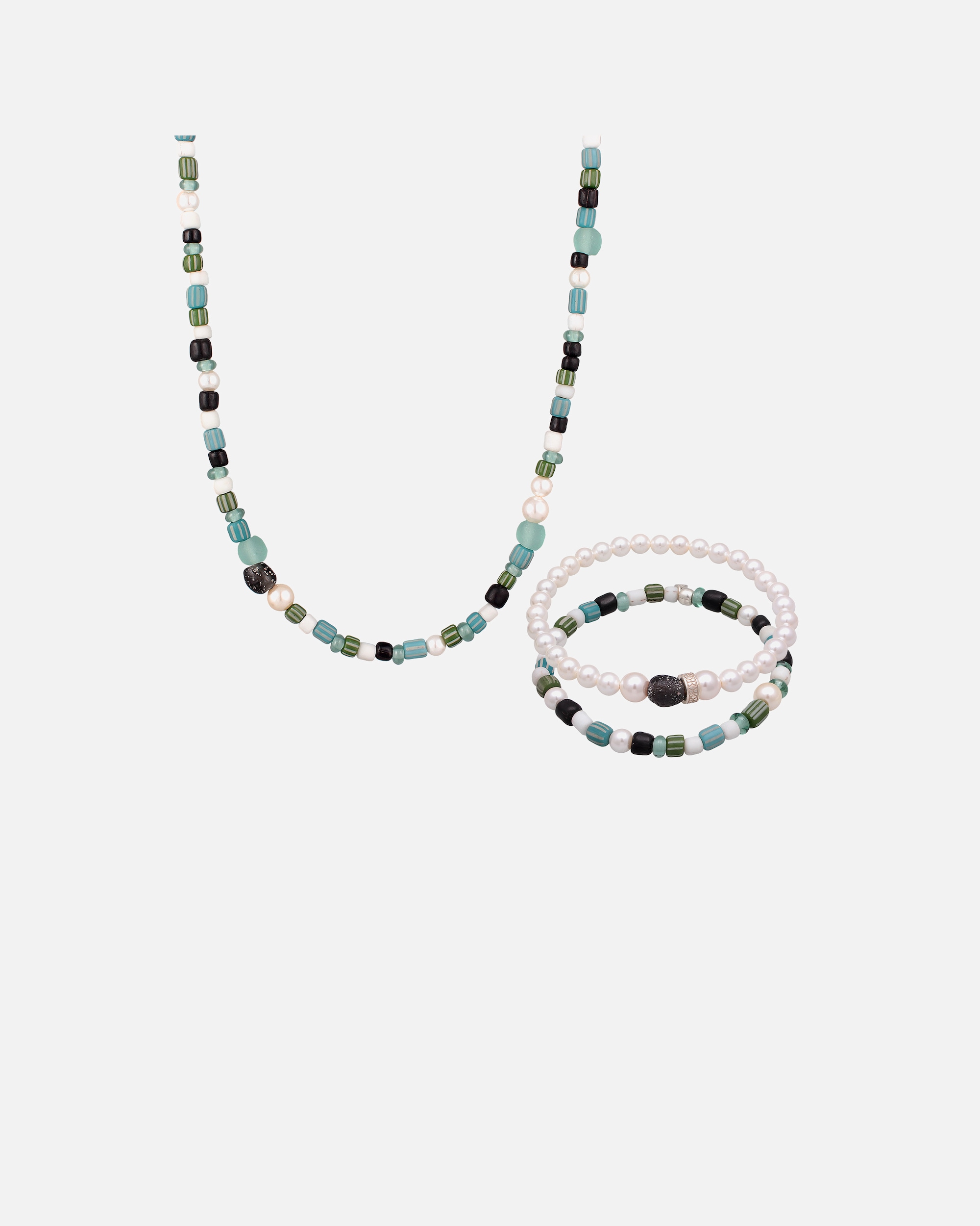 Komplet biżuterii dla Mężczyzna KUZZOI Męski zestaw szklanych koralików z perłą muszlową ze srebra próby 925 Sterling Silver Kolorowe