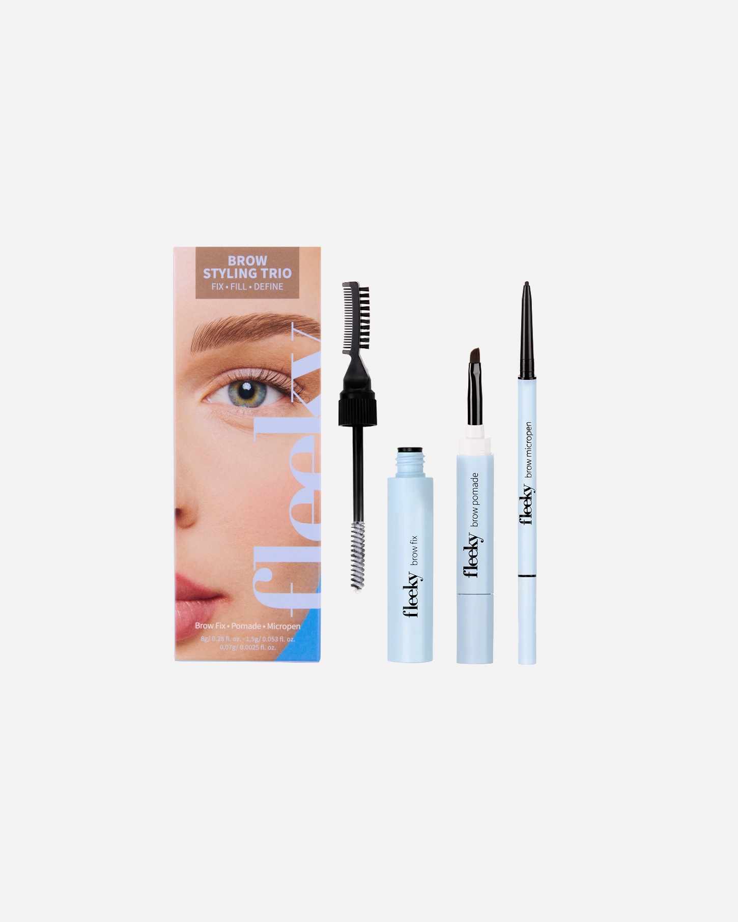 Zestaw do makijażu brwi dla Unisex Fleeky Zestaw do Brwi - Pomada, Żel i Precyzyjna Kredka Jasny brąz
