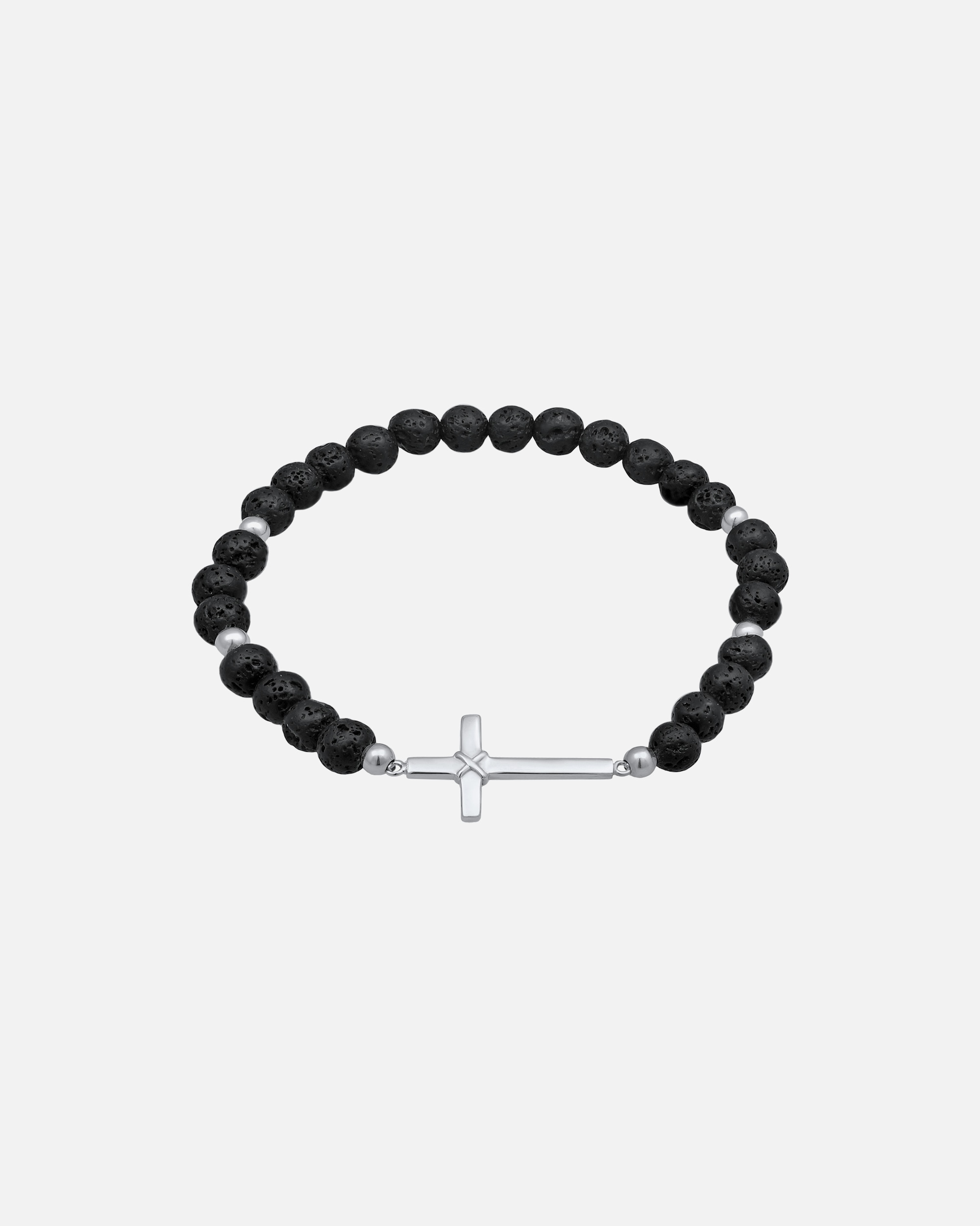 Bransoletka dla Mężczyzna KUZZOI Męski wisiorek religijny krzyżyk z koralikami z lawy w kolorze czarnym ze srebra próby 925 Sterling Silver 23