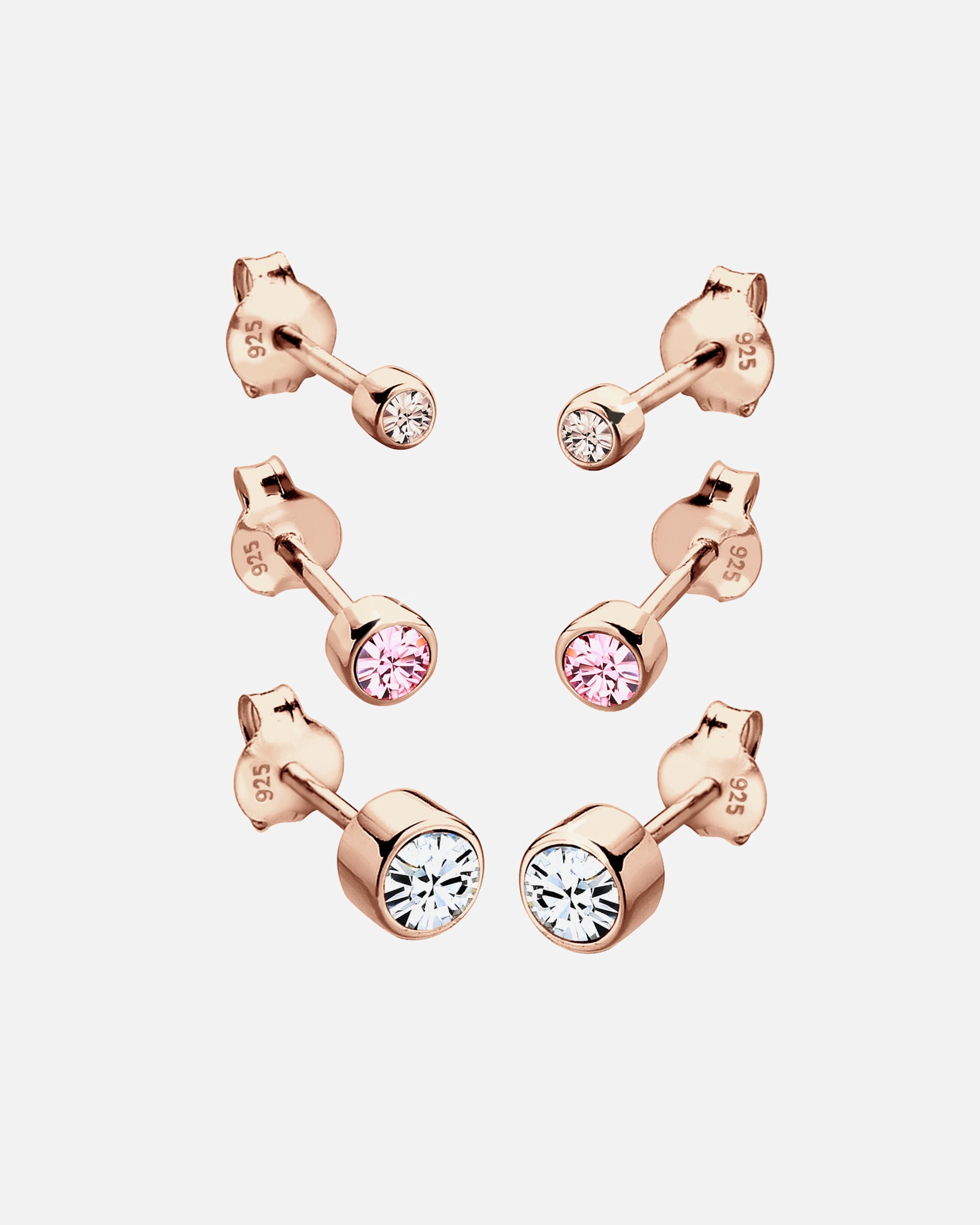 Kolczyki dla Kobieta Damskie kolczyki sztyfty Basic zestaw 3 częściowy z kryształami szklanymi z pozłacanego srebra próby 925 sterling silver rosefarben