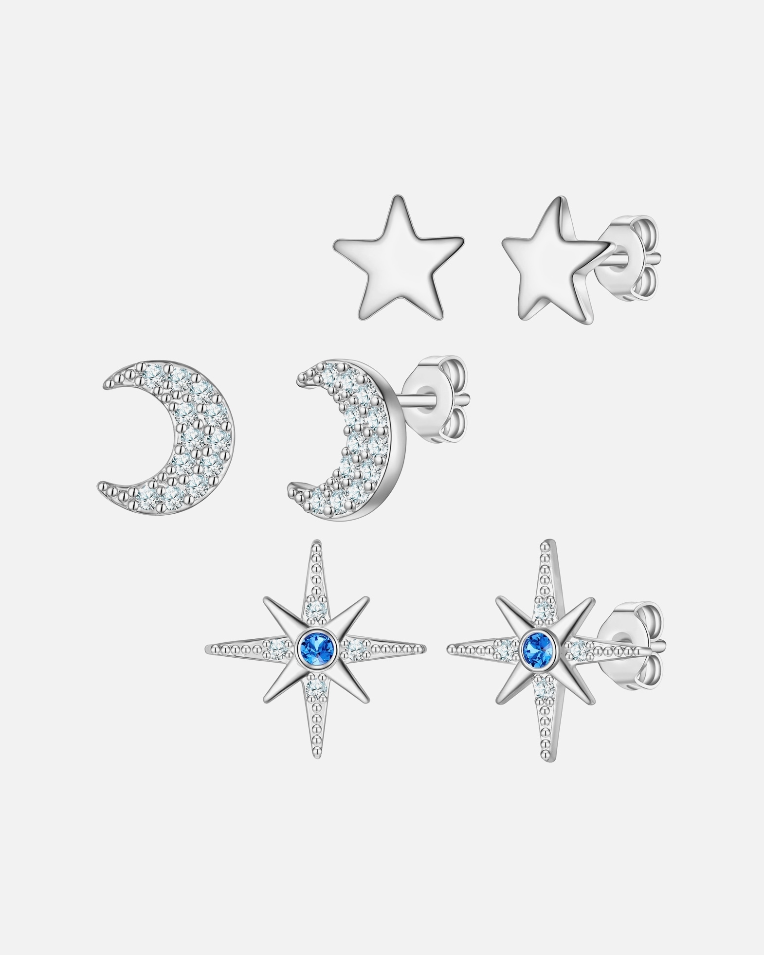 Kolczyki dla Kobieta Yokoamii Kolczyki na sztyft Ksiezyc/Gwiazdy z mosiadzu w kolorze srebrnym z cyrkonia 11,8/6,7/5,1 mm