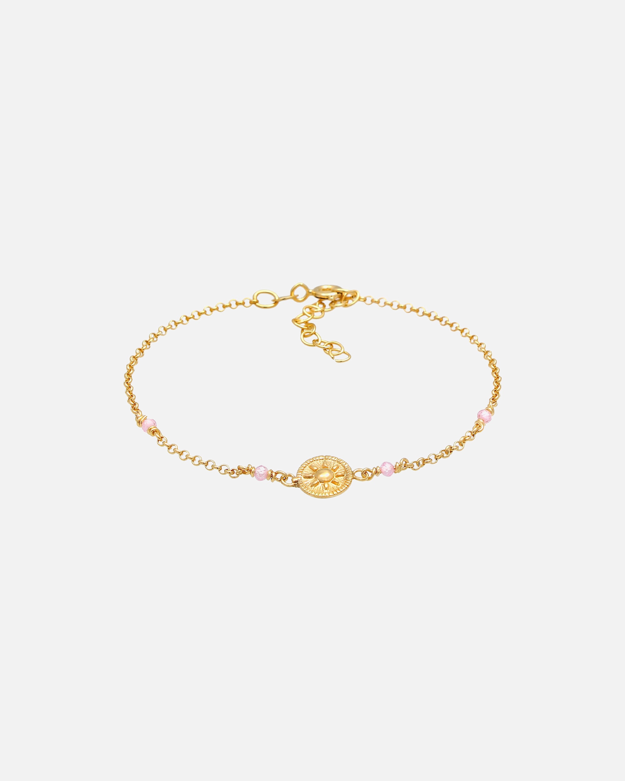 Bransoletka dla Kobieta Elli Damska bransoletka Moneta Słońce Vintage Trend regulowana z różowym kwarcem w pozłacanym srebrze 925 Sterling Silver 16