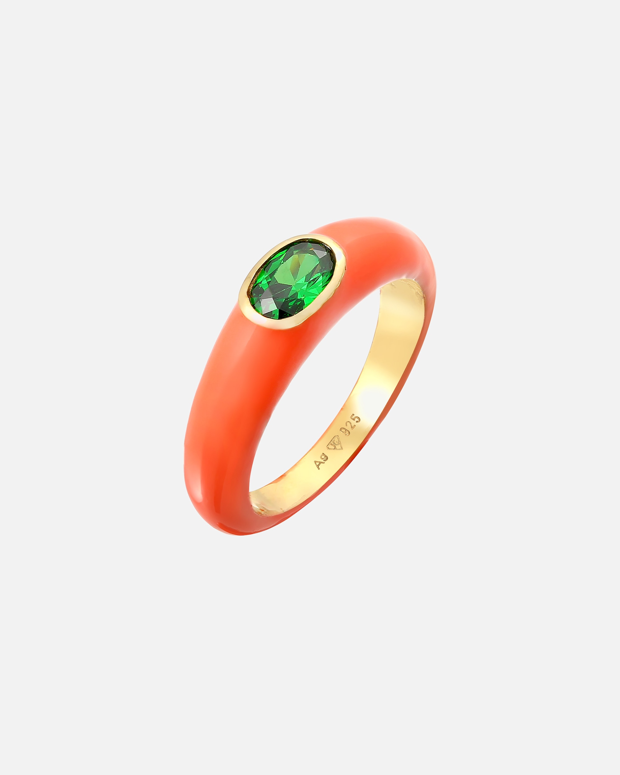 Pierścionek dla Kobieta Elli Damski owalny pasjans z pomarańczową emalią i zieloną cyrkonią w pozłacanym srebrze próby 925 Sterling Silver 56