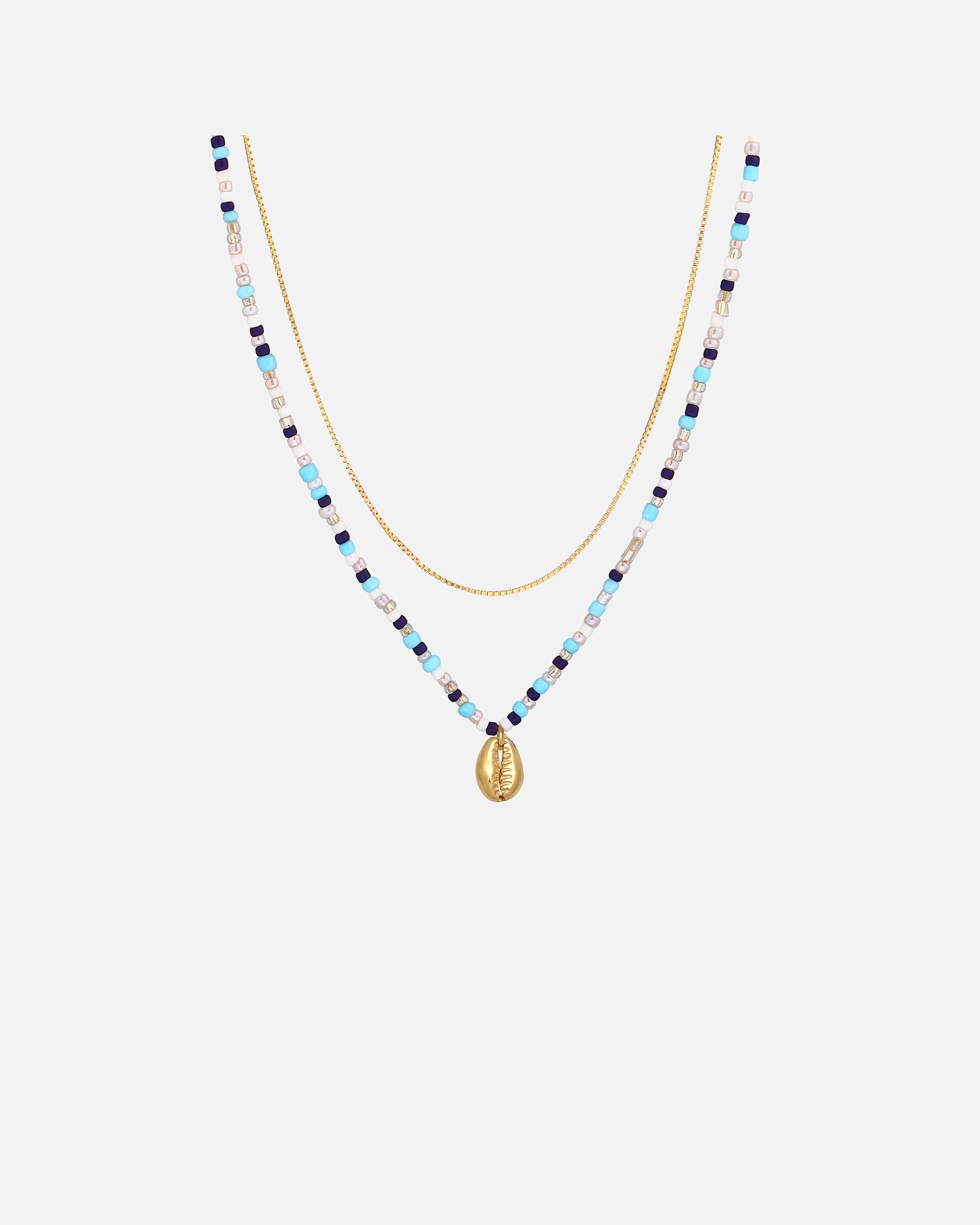 Naszyjnik dla Kobieta Elli Damski warstwowy, zawieszka muszlowa szklane koraliki kolorowe lato Trend w pozłacanym srebrze 925 Sterling Silver 38