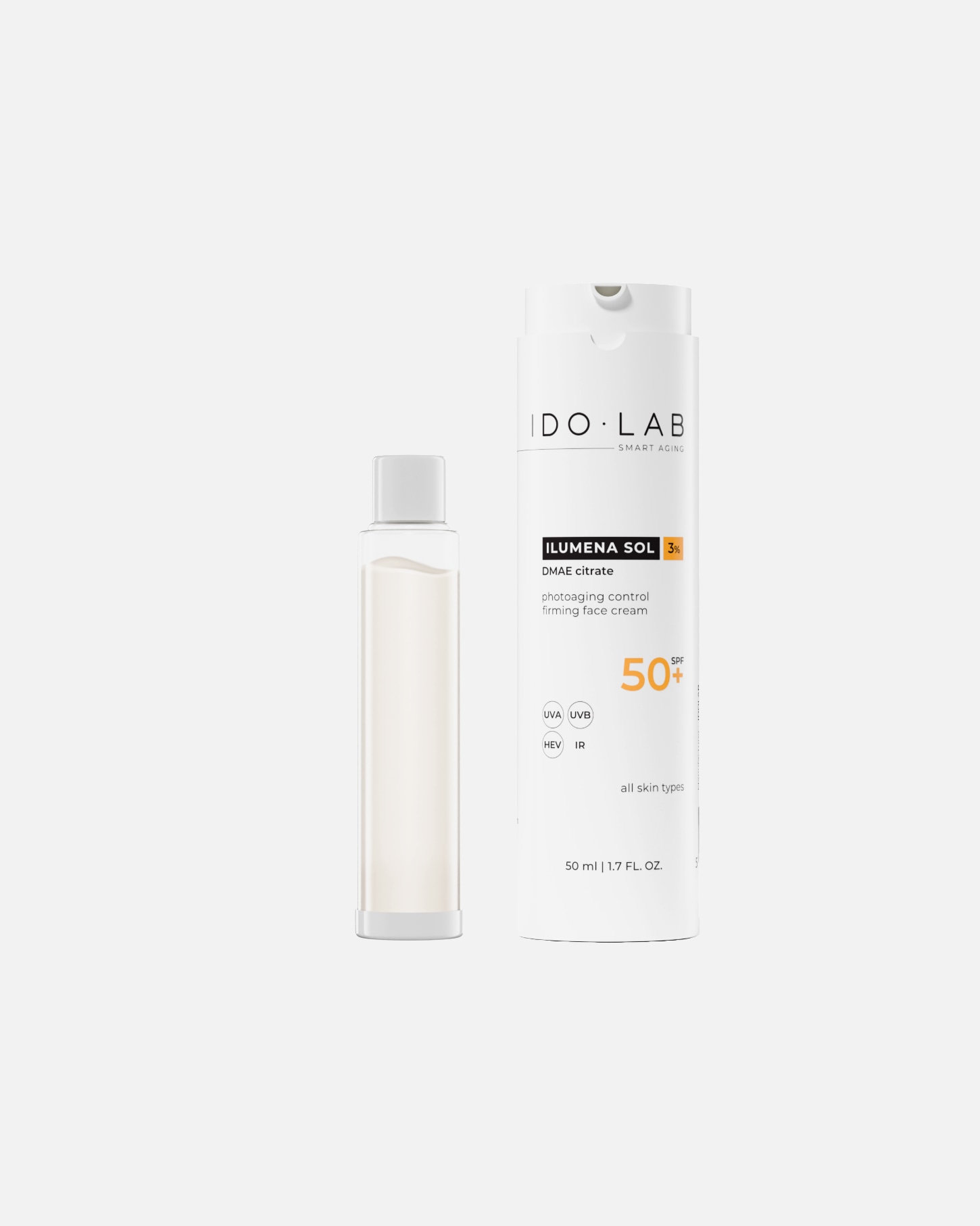 Krem do opalania dla Unisex Ido Lab ILUMENA SOL SPF 50+ Przeciwzmarsczkowy krem z ochrona przeciwłoneczną SPF 50+ 50 ml - Refill
