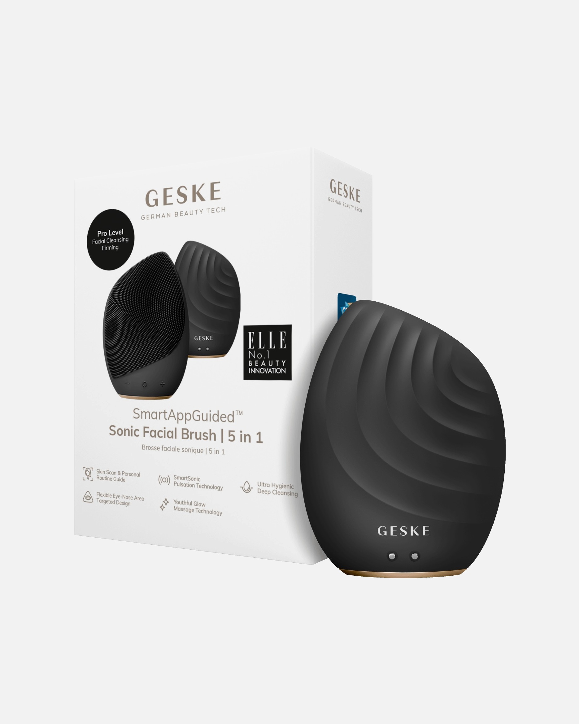 Elektryczne urządzenie do masażu twarzy dla Unisex Geske SmartAppGuided™ Sonic Facial Brush | 5 in 1 BLACK-GOLD